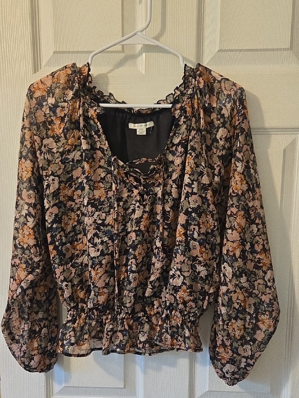 American Eagle Outfitters Navy Floral Tie-Front Blouse with Peach Accents
